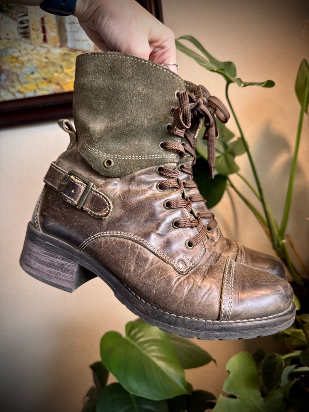 Taos Crave Combat Lace Up Boots Leather Suede Green Brown 39